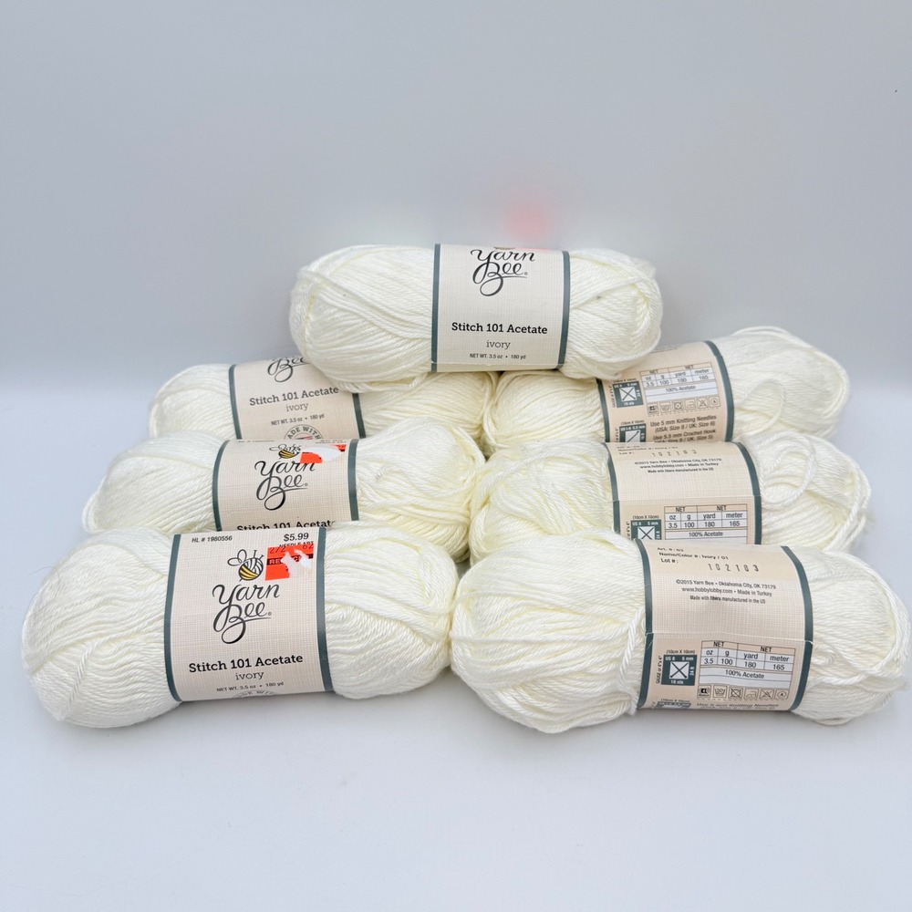 Yarn Bee Stitch 101 Acetate Ivory Yarn 7 Skeins 1260 Yards 6 x SAME DYE LOT